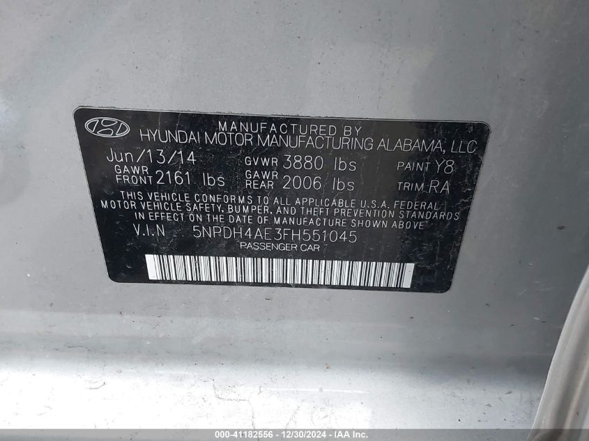 VIN 5NPDH4AE3FH551045 2015 HYUNDAI ELANTRA no.9