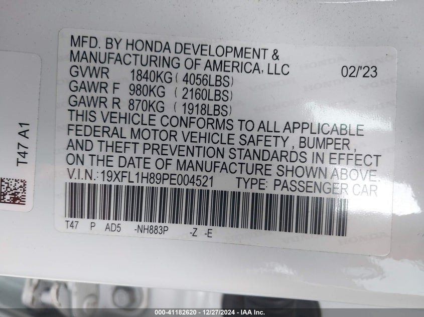 2023 HONDA CIVIC VIN: 19XFL1H89PE004521