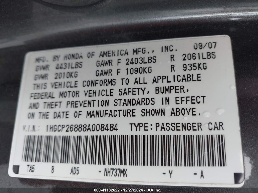 2008 HONDA ACCORD VIN: 1HGCP26888A008484