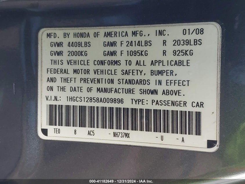 2008 HONDA ACCORD VIN: 1HGCS12858A009896