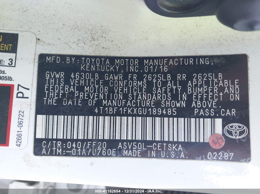 2016 TOYOTA CAMRY VIN: 4T1BF1FKXGU189485