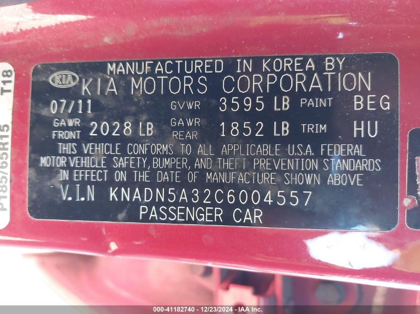 2012 Kia Rio5 Ex VIN: KNADN5A32C6004557 Lot: 41182740