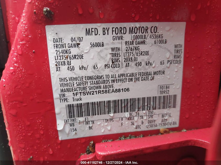 2008 FORD F250 VIN: 1FTSW21R58EA88106
