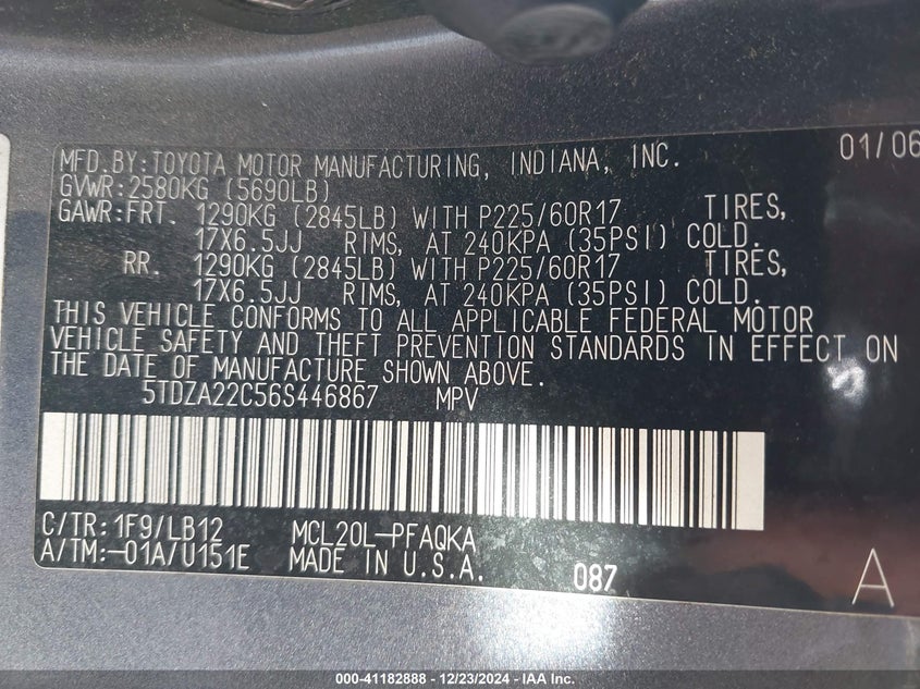 2006 TOYOTA SIENNA VIN: 5TDZA22C56S446867