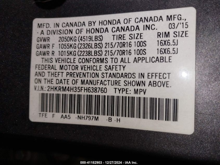 VIN 2HKRM4H35FH638760 2015 HONDA CR-V no.9