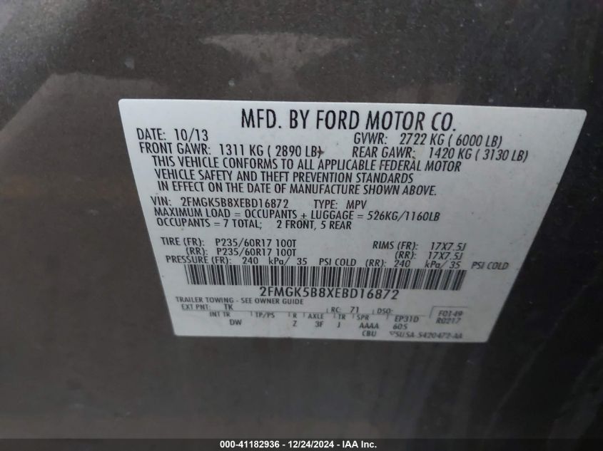 VIN 2FMGK5B8XEBD16872 2014 Ford Flex, SE no.9