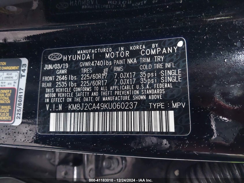 2019 HYUNDAI TUCSON VIN: KM8J2CA49KU060237