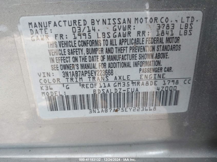 VIN 3N1AB7AP5EY223668 2014 NISSAN SENTRA no.9