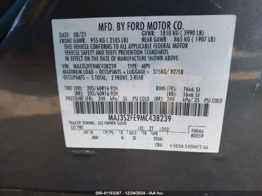 2021 Ford Ecosport S VIN: MAJ3S2FE9MC438239 Lot: 41183267