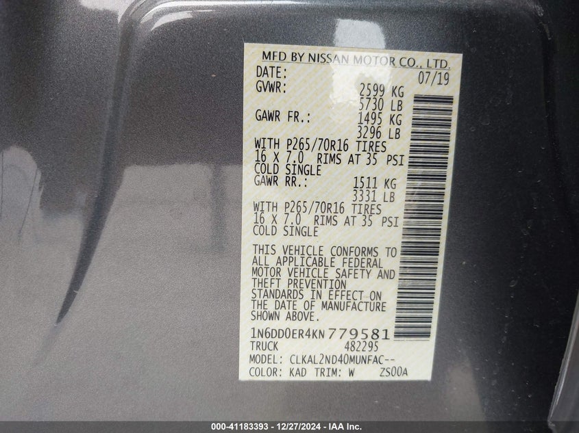2019 NISSAN FRONTIER VIN: 1N6DD0ER4KN779581