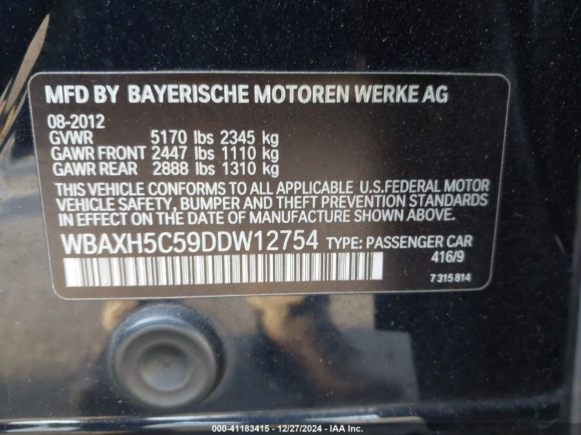 VIN WBAXH5C59DDW12754 2013 BMW 5 Series, 528I Xdrive no.9