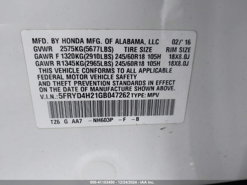 VIN 5FRYD4H21GB047262 2016 Acura MDX, Acurawatch Pl... no.9