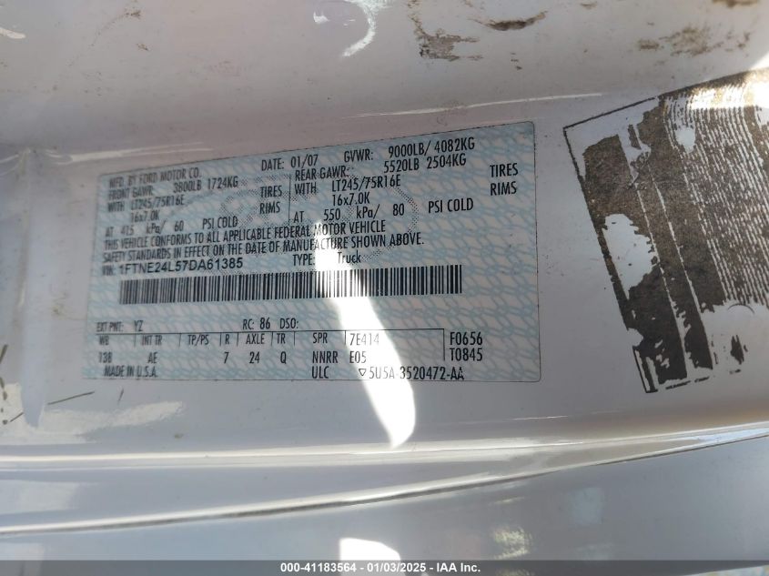 2007 Ford E-250 Commercial/Recreational VIN: 1FTNE24L57DA61385 Lot: 41183564