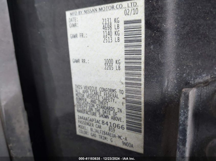 2010 Nissan Maxima 3.5 Sv VIN: 1N4AA5AP3AC841066 Lot: 41183635