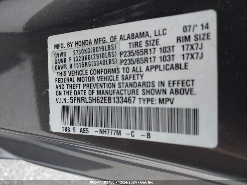 VIN 5FNRL5H62EB133467 2014 HONDA ODYSSEY no.9