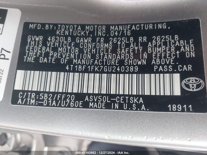 VIN 4T1BF1FK7GU240389 2016 Toyota Camry, SE no.9