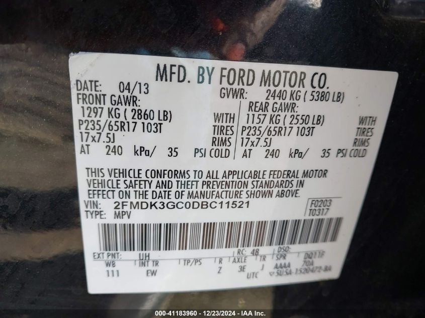 VIN 2FMDK3GC0DBC11521 2013 FORD EDGE no.9