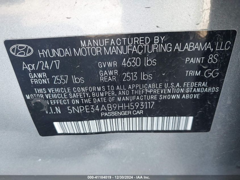 VIN 5NPE34AB9HH593117 2017 Hyundai Sonata, Limited... no.9