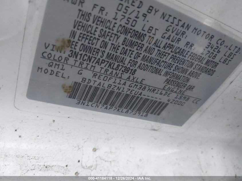 2019 NISSAN VERSA 1.6 SV - 3N1CN7AP7KL873918