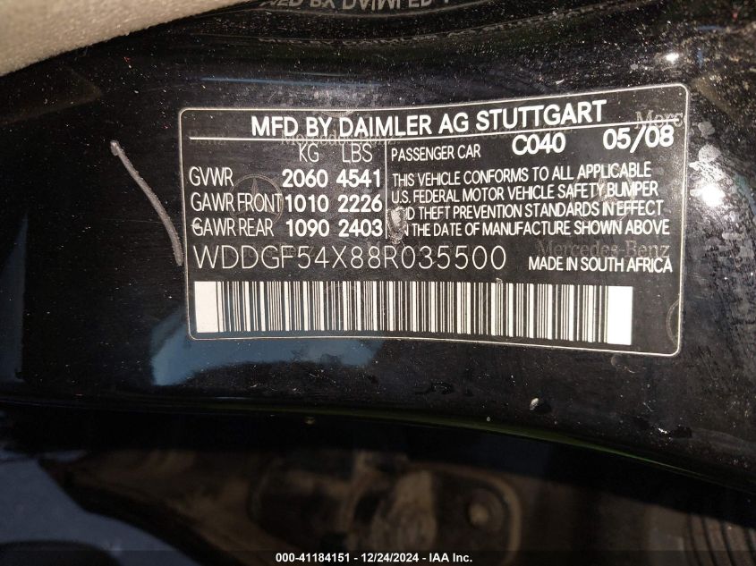 2008 Mercedes-Benz C 300 Luxury/Sport VIN: WDDGF54X88R035500 Lot: 41184151