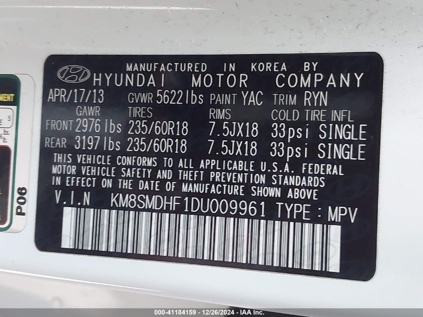 VIN KM8SMDHF1DU009961 2013 Hyundai Santa Fe, Gls no.9