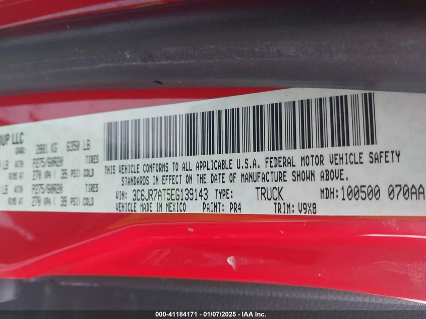 2014 RAM 1500 VIN: 3C6JR7AT5EG139143
