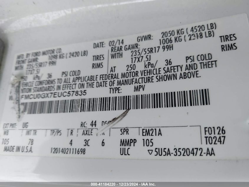 VIN 1FMCU0GX7EUC57835 2014 Ford Escape, SE no.9