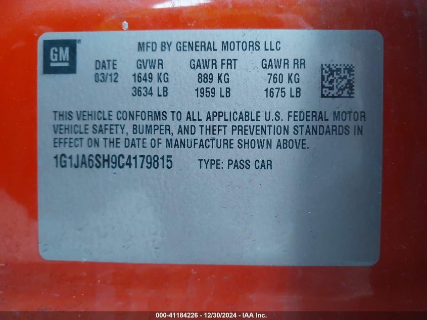 2012 CHEVROLET SONIC VIN: 1G1JA6SH9C4179815