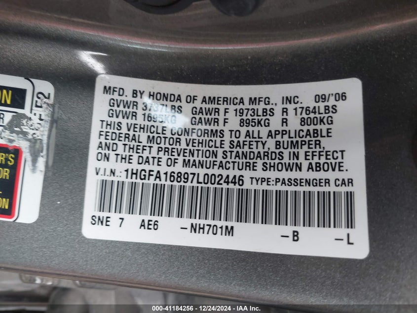2007 HONDA CIVIC VIN: 1HGFA16897L002446