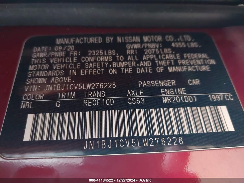 2020 NISSAN ROGUE SPORT VIN: JN1BJ1CV5LW276228