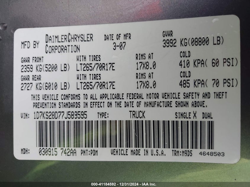 2007 DODGE RAM 2500 VIN: 1D7KS28D77J589595