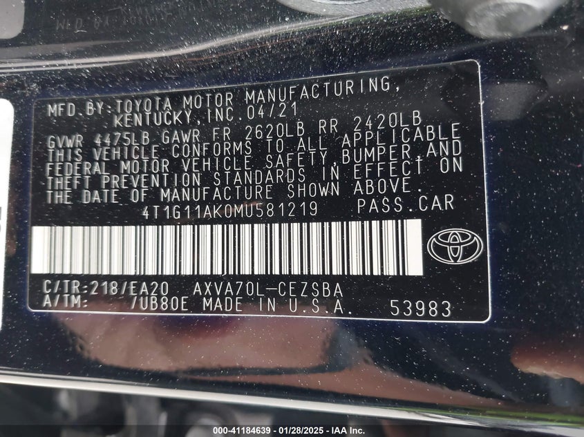 2021 TOYOTA CAMRY VIN: 4T1G11AK0MU581219