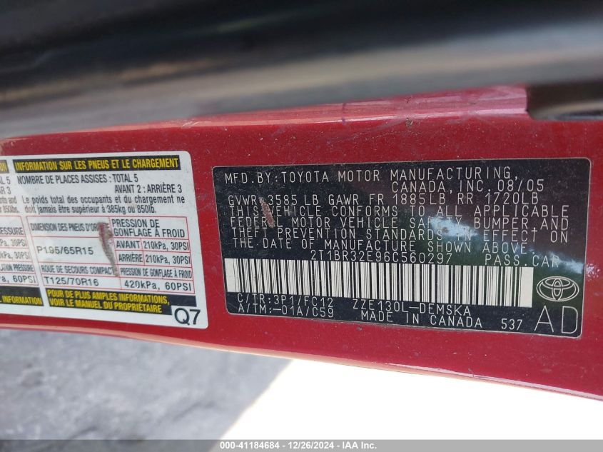 2006 Toyota Corolla S VIN: 2T1BR32E96C560297 Lot: 41184684