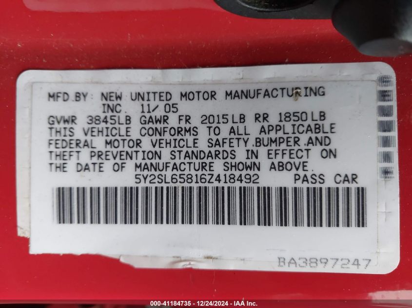 2006 PONTIAC VIBE VIN: 5Y2SL65816Z418492
