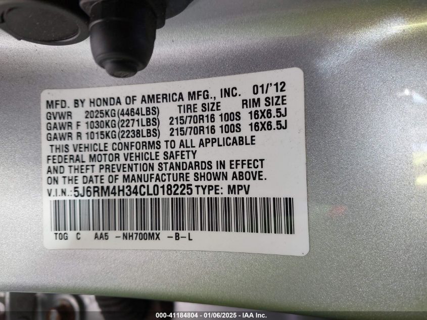 2012 Honda Cr-V Lx VIN: 5J6RM4H34CLD18225 Lot: 41184804