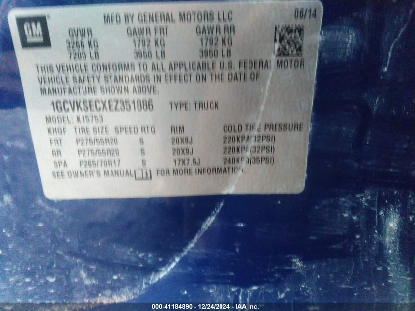 2014 CHEVROLET SILVERADO 1500 VIN: 1GCVKSECXEZ351886