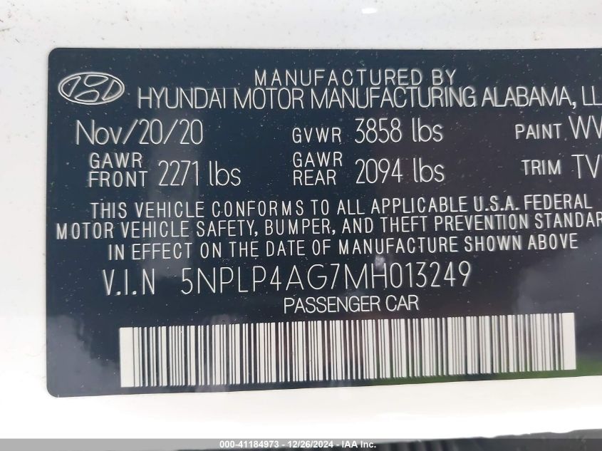 VIN 5NPLP4AG7MH013249 2021 Hyundai Elantra, Limited no.9