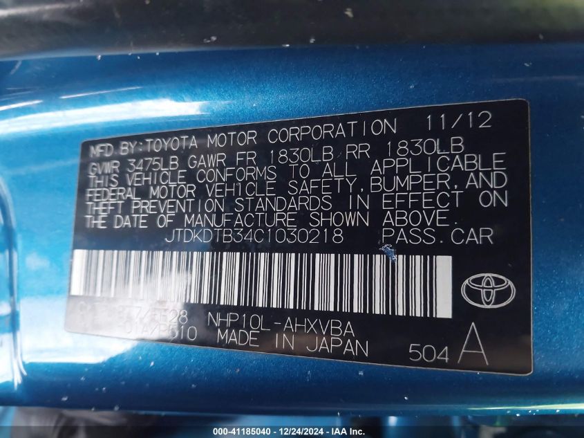 2012 Toyota Prius C Two VIN: JTDKDTB34C1030218 Lot: 41185040