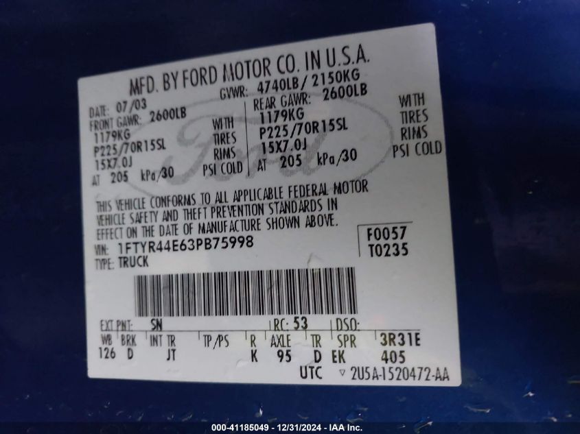 2003 Ford Ranger Xlt VIN: 1FTYR44E63PB75998 Lot: 39502221