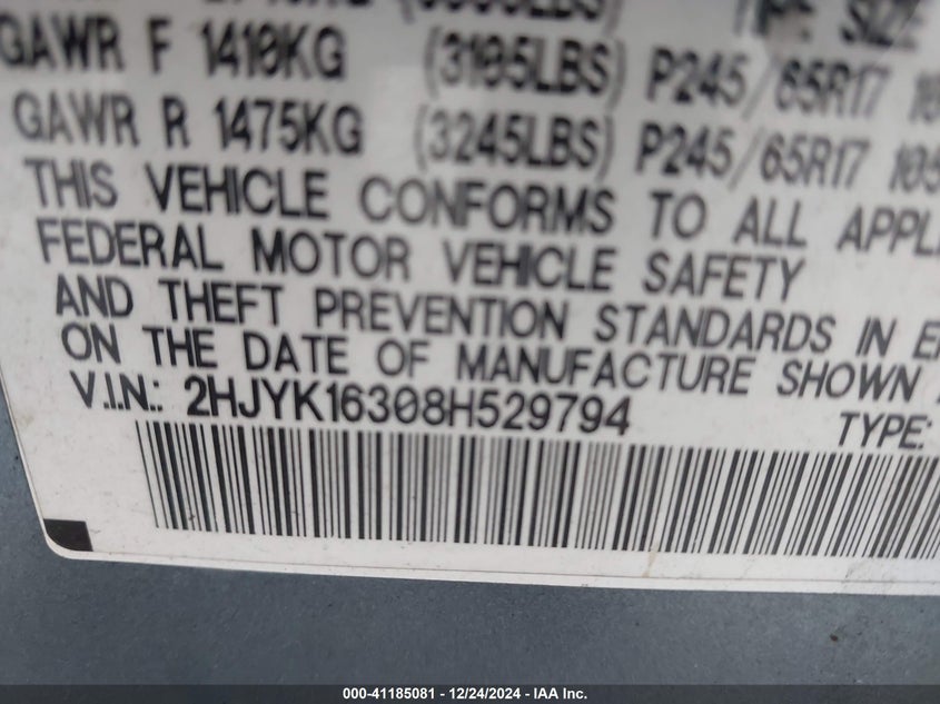 2008 HONDA RIDGELINE VIN: 2HJYK16308H529794