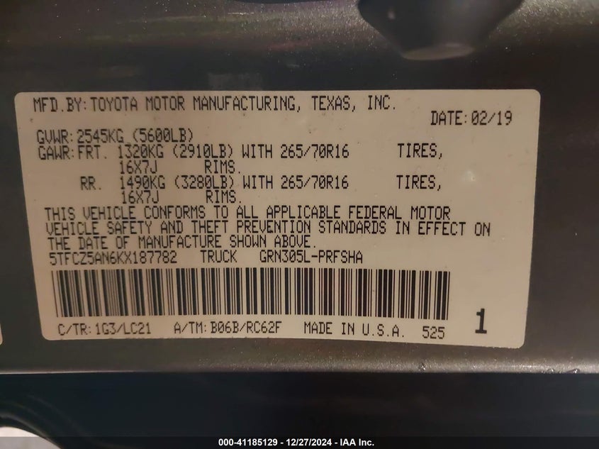 2019 TOYOTA TACOMA VIN: 5TFCZ5AN6KX187782