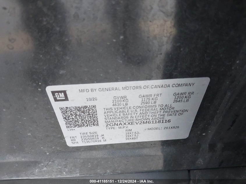 2021 CHEVROLET EQUINOX VIN: 2GNAXXEV2M6118116