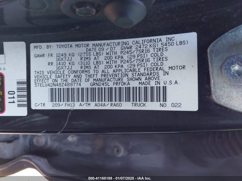 2008 TOYOTA TACOMA VIN: 5TELU42N48Z489774