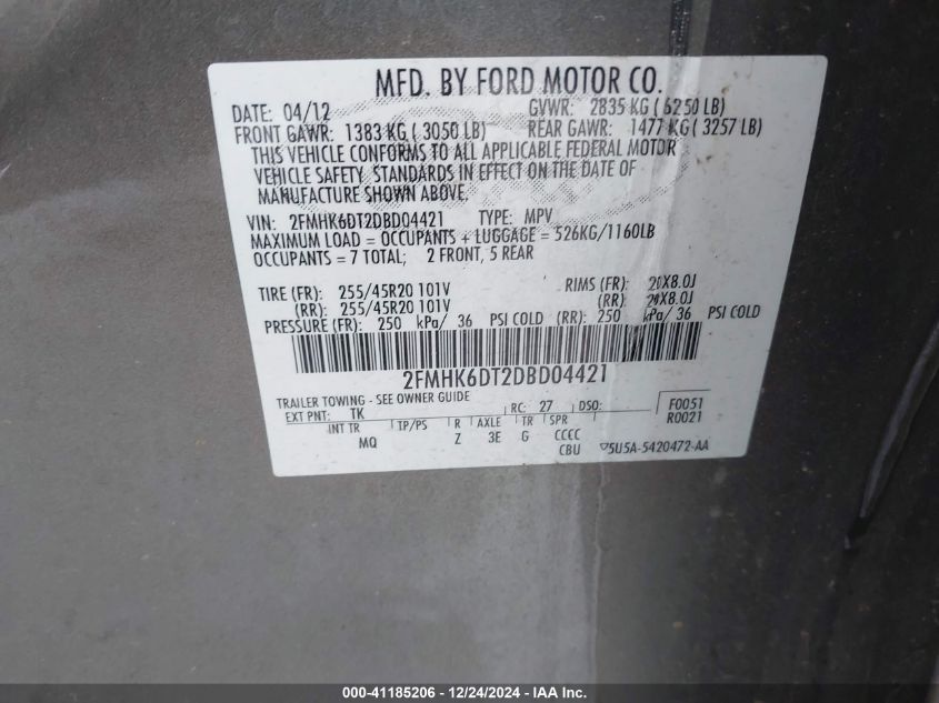 VIN 2FMHK6DT2DBD04421 2013 FORD FLEX no.9