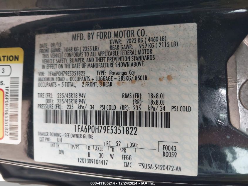 VIN 1FA6P0H79E5351822 2014 FORD FUSION no.9