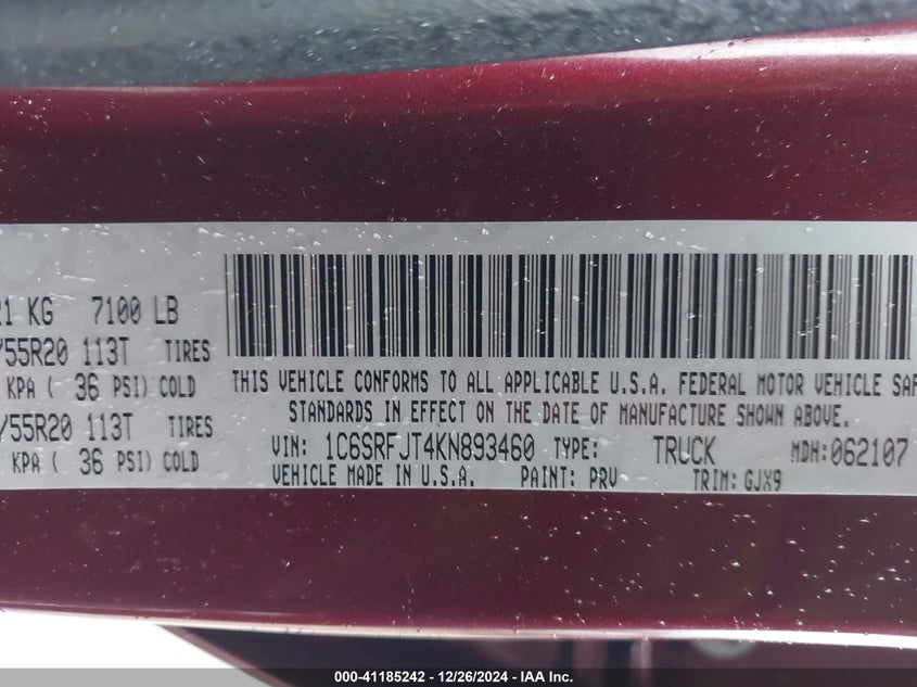 2019 RAM 1500 VIN: 1C6SRFJT4KN893460
