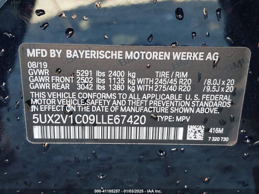 VIN 5UX2V1C09LLE67420 2020 BMW X4, Xdrive30I no.9