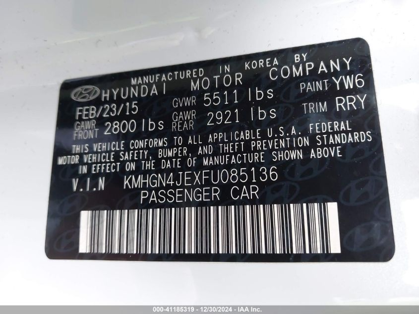 VIN KMHGN4JEXFU085136 2015 Hyundai Genesis, 3.8 no.9