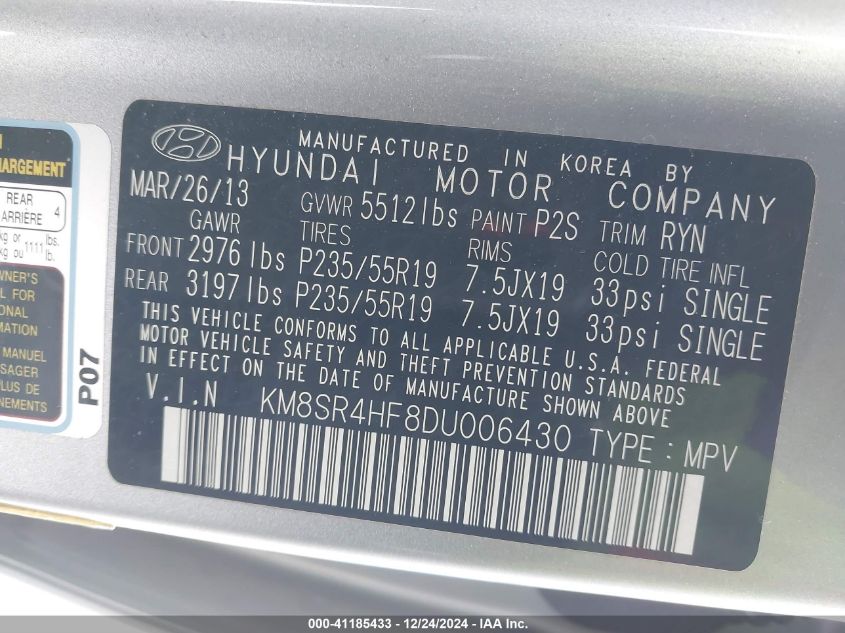 VIN KM8SR4HF8DU006430 2013 Hyundai Santa Fe, Limited no.9