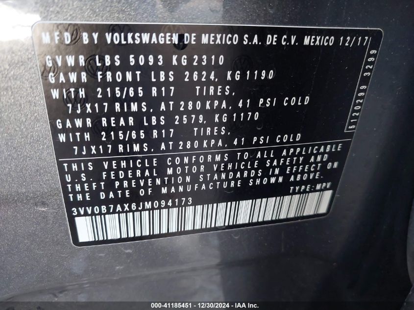VIN 3VV0B7AX6JM094173 2018 VOLKSWAGEN TIGUAN 2.0T S